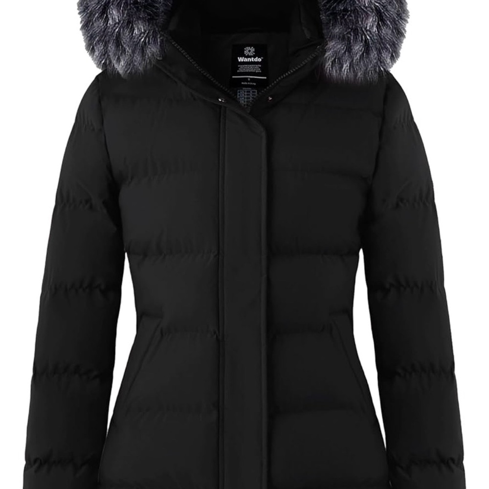 Women's Black Puffer Jacket with Faux Fur Hood